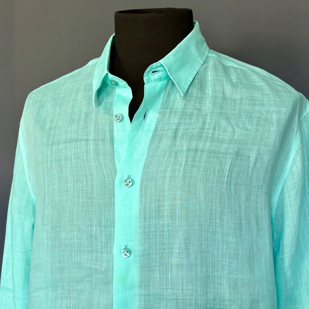 Vilebrequin Turquoise 100% Linen Long Sleeve Shirt | Size Large | Turtle Logo